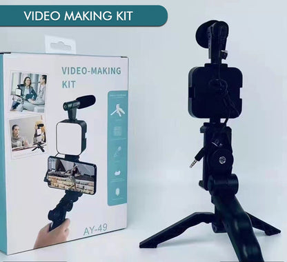 Vlogging Kit For Video Making With Mic Mini Tripod Stand Led Light  Phone Holder Clip For Making Videos