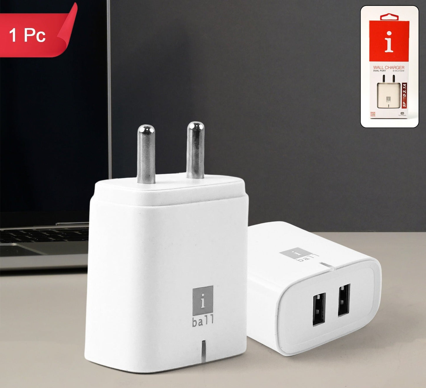 Iball Dual Usb Wall Charger 5v3.1a  High-speed Dual Port Fast Charging Adapte (1 Pc)