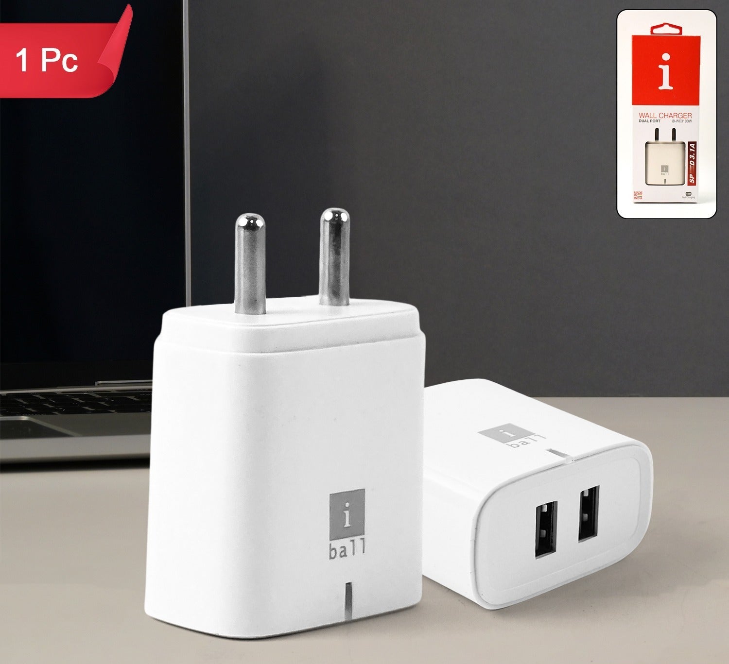 Iball Dual Usb Wall Charger 5v3.1a  High-speed Dual Port Fast Charging Adapte (1 Pc)